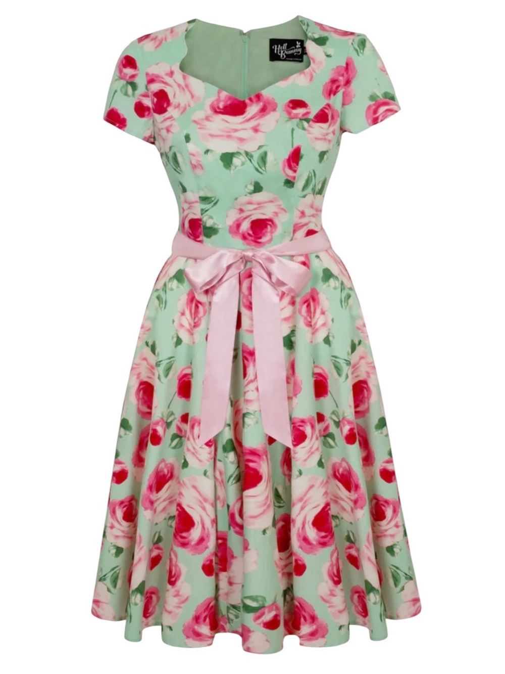Hell bunny The Camille Dress Mint Pink Roses Size UK18